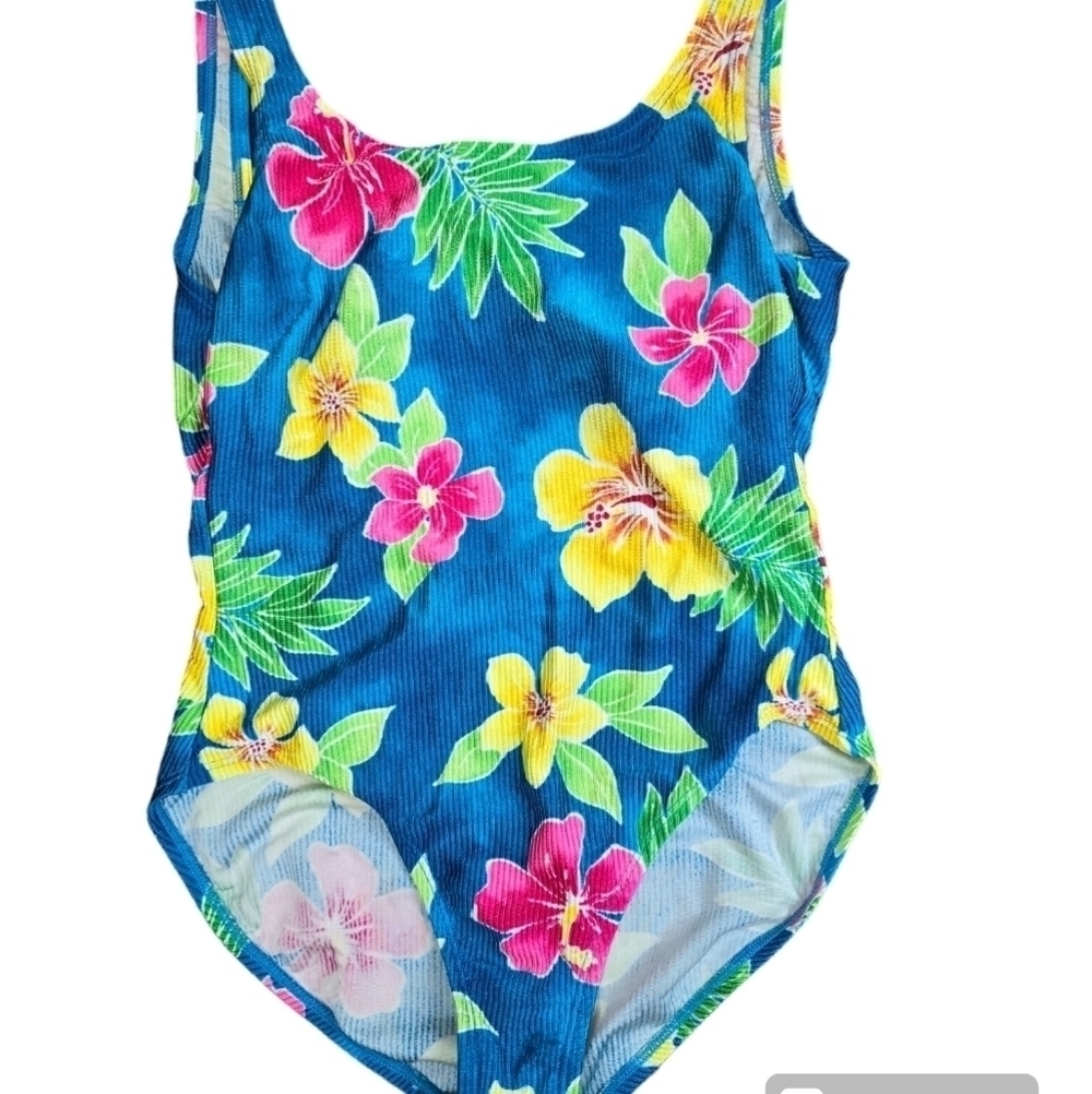 Vintage 90s Catalina Blue Yellow Tropical Floral One Piece Swimsuit